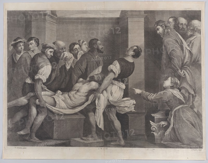 The raising of Lazarus, who is carried by three men at left, while his sister and C..., ca. 1656-60. Creators: Jan van Troyen, David Teniers II.