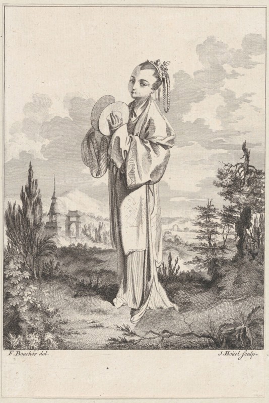 Chinoiserie with a woman holding cymbals, from Suite de Figures Chinoises. . .Tiré du C..., 1755-76. Creator: Jean-Pierre Houel.