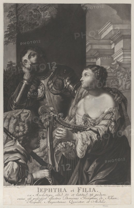Jephtha dressed in armor looking up in despair, and his daughter holds a harp at right, 1775. Creator: Johann Elias Haid.
