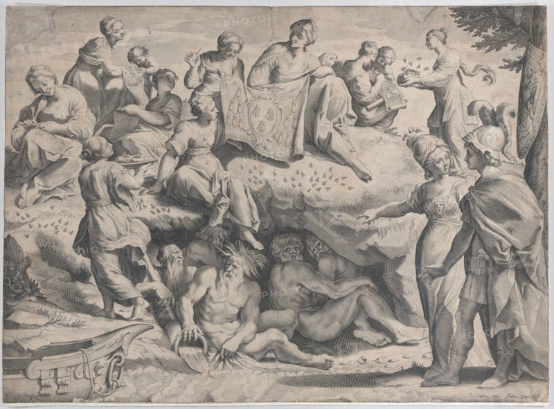 Allegory with Minerva at right, leading a young man towards Mount Parnassus, where the ..., 1620-47. Creator: Johann Friedrich Greuter.
