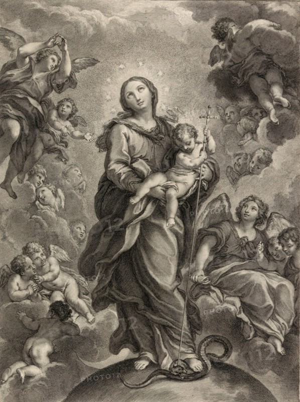 Destroy the dragon without sword; (Dan. 14.25); Virgin and Child on hemisphere. Creator: Johann Jakob Frey the Elder.