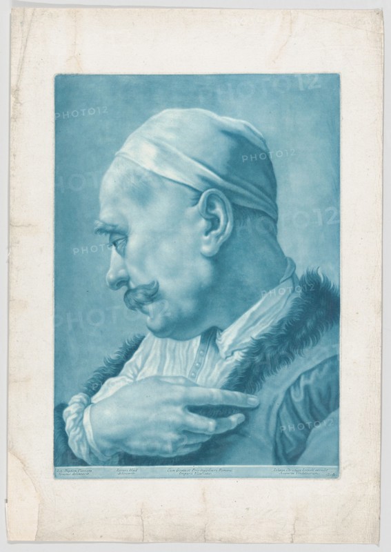 Imaginary portrait head of a man wearing a cap and fur-trimmed coat; from the serie..., ca. 1730-50. Creator: Johann Lorenz Haid.