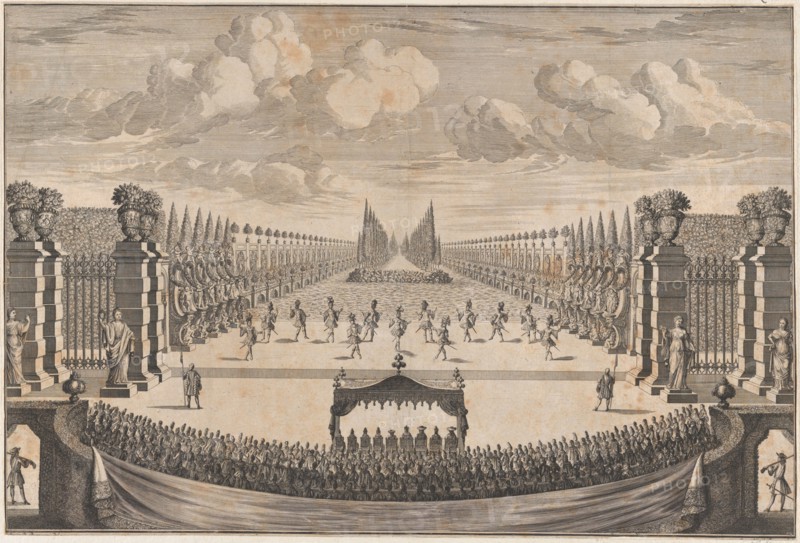 The royal family sitting under a canopy, watching dancers perform the final ballet of ..., ca. 1700. Creator: Johann Ulrich Kraus.