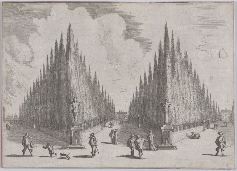 Three alleés separated by two groups of trees in pointed configurations, from 'Views of Ga..., 1636. Creator: Johann Wilhelm Baur.