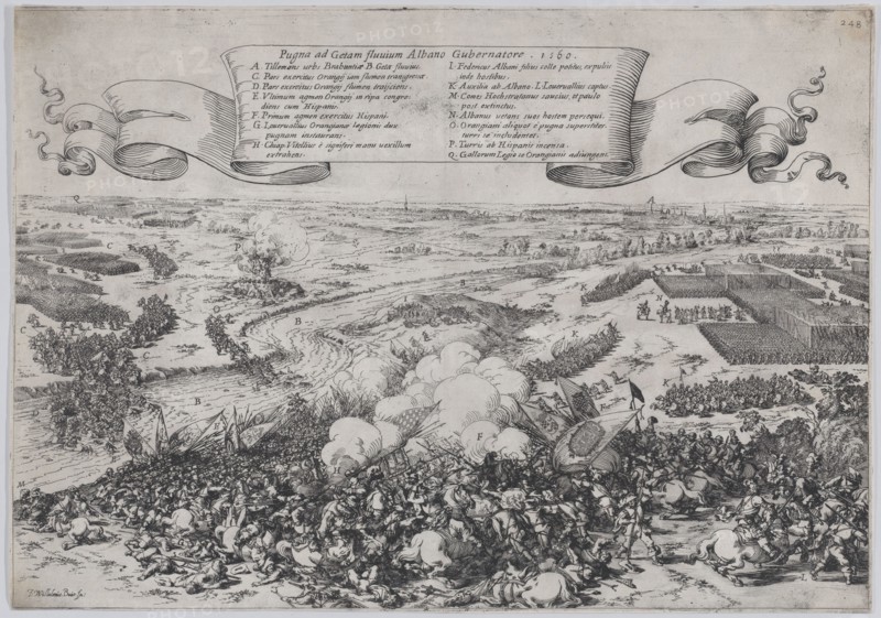 Battle scene: forces led by William of Orange crossing the Gete River to attack the Duke o..., 1632. Creator: Johann Wilhelm Baur.