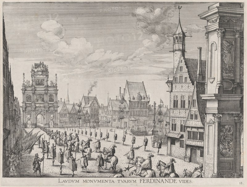 Plate 18: Procession of the Spanish Prince Ferdinand into the city of Ghent, January 28, 1..., 1636. Creators: Johannes Meursius, Willem van der Beke.