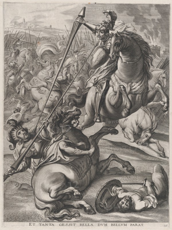 Plate 16: Battle of Achilles against the Trojans; from Guillielmus Becanus's 'Serenissimi ..., 1636. Creators: Johannes Meursius, Willem van der Beke.