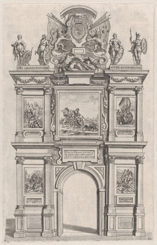 Plate 12: Triumphal arch, elevation of the back facade, surmounted with the arms of Ferdin..., 1636. Creators: Johannes Meursius, Willem van der Beke.