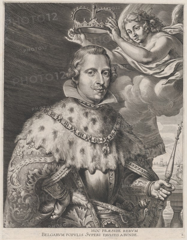 Plate 2: Portrait of Philip IV, King of Spain, being crowned; from Guillielmus Becanus's '..., 1636. Creators: Johannes Meursius, Willem van der Beke.