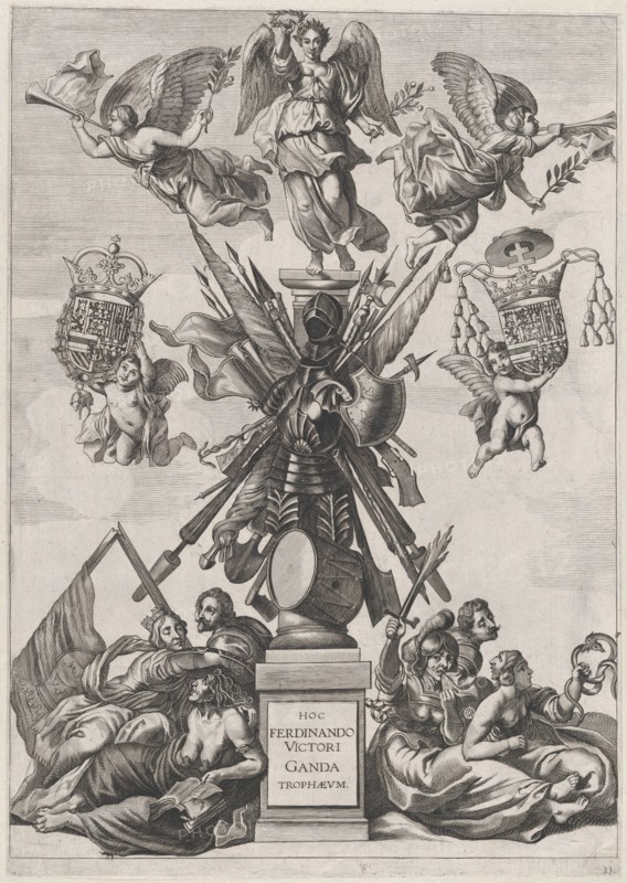 Plate 33: Armorial trophy on a Tuscan column, surrounded by allegorical figures and cherub..., 1636. Creators: Johannes Meursius, Willem van der Beke.