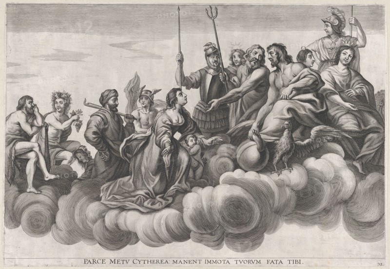 Plate 32: Venus asking Jupiter for protection; from Guillielmus Becanus's 'Serenissimi Pri..., 1636. Creators: Johannes Meursius, Willem van der Beke.