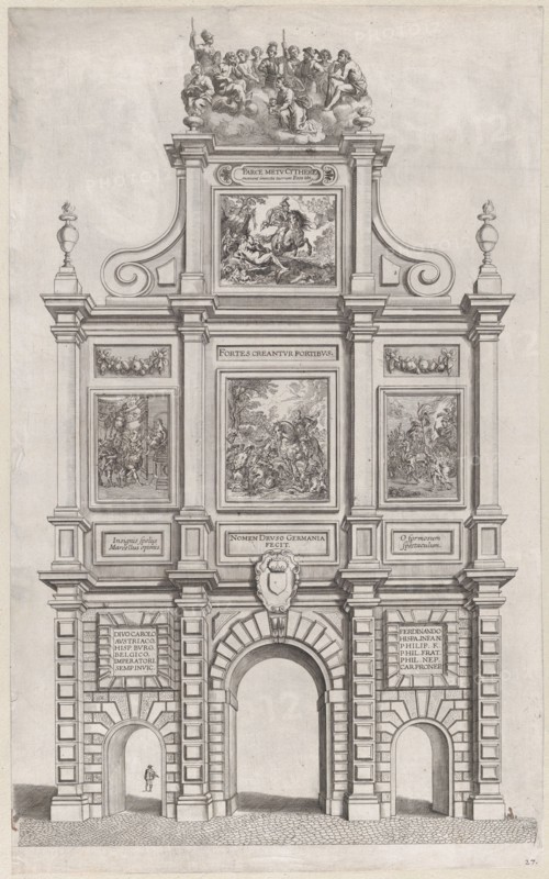 Plate 27: Triumphal arch, elevation of the back, surmounted by allegorical figures and dec..., 1636. Creators: Johannes Meursius, Willem van der Beke.