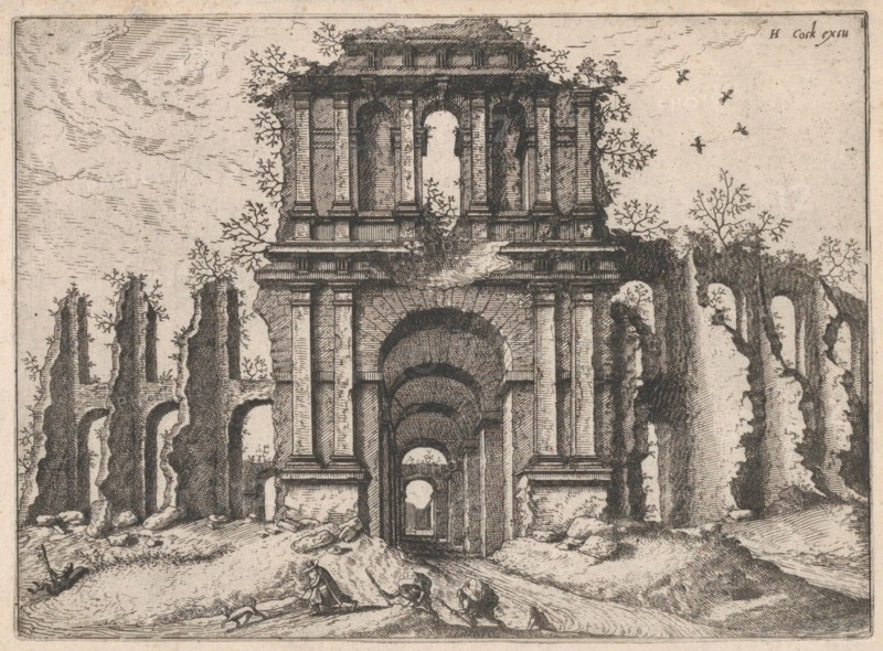 Two Story Entrance Flanked by Coupled Pilasters, from the series Roman Ruins and Buildings..., 1562. Creators: Johannes van Doetecum I, Lucas van Doetecum.