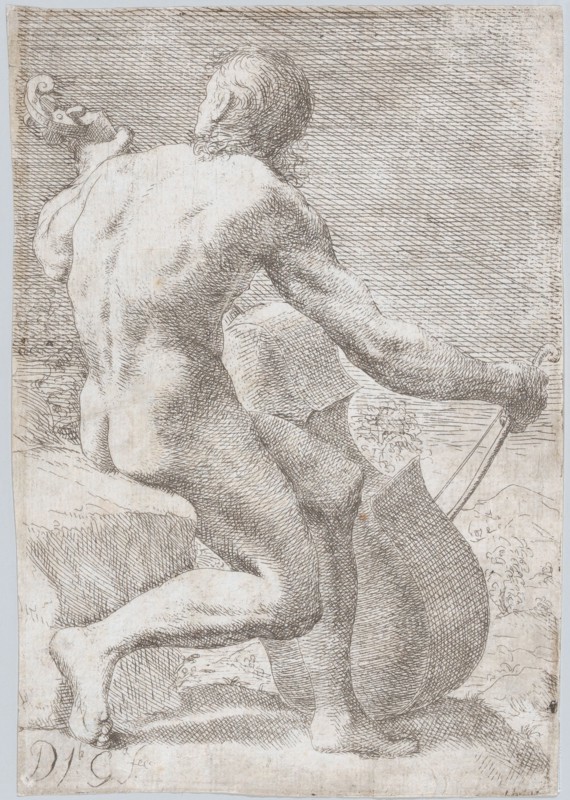 Study from behind of a naked man playing a cello, from the 'Principios para estudiar e..., ca. 1693. Creator: José García Hidalgo.