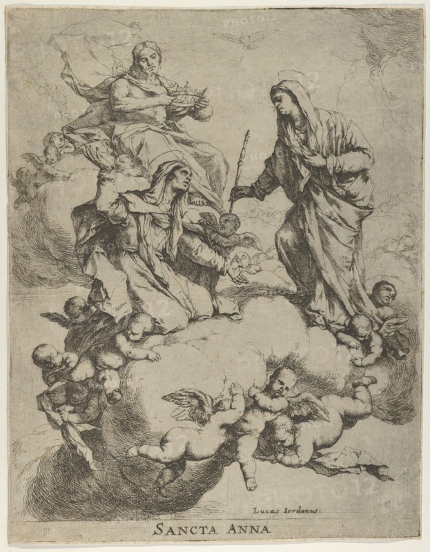 Christ holding a crown at upper left and the Virgin receiving Saint Anne in Heaven at r..., 1650-70. Creator: Luca Giordano.