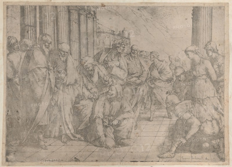 Christ kneels and writes on the pavement at center, while the woman taken in adultery stan..., 1653. Creator: Luca Giordano.