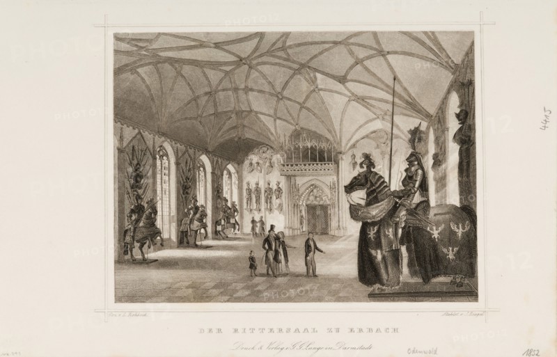 Print of Der Rittersaal zu Erbach (Interior of Gothic Revival armory of Erbach Castle)..., ca. 1850. Creator: Ludwig Rohbock.