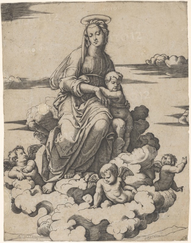The Virgin and the Christ Child seated on clouds, ca. 1500-1534. Creator: Marcantonio Raimondi.