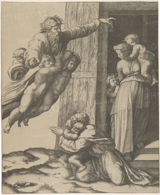 God carried by angels, appearing to Noah and his family, after the Flood , ca. 1513-15. Creator: Marcantonio Raimondi.