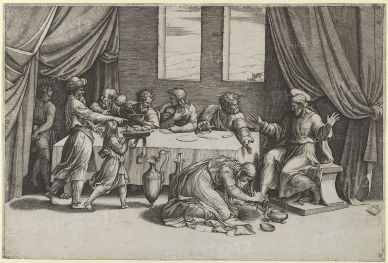 Christ at the table of Simon the Pharisee, Mary Magdalene washing his feet with her..., ca. 1520-25. Creator: Marcantonio Raimondi.