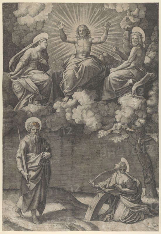 Christ flanked by the Virgin and St. John in the upper section, St. Paul and St. Ca..., ca. 1520-25. Creator: Marcantonio Raimondi.