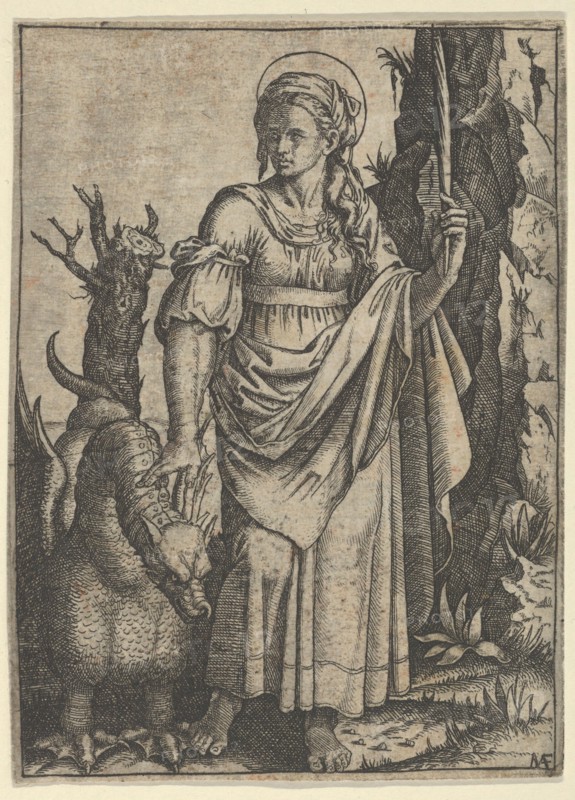 St Margaret holding a palm in her raised left hand, a dragon at her right, ca. 15..., Creator: Marcantonio Raimondi.