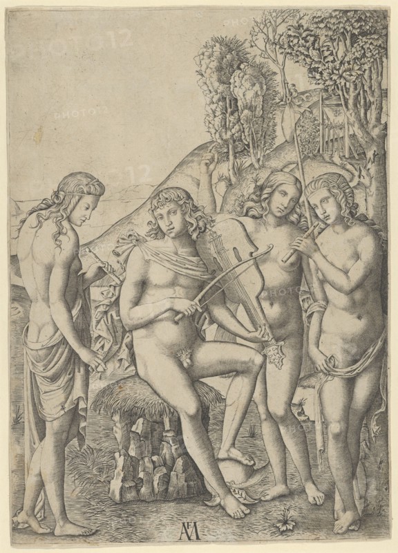 A young man, seated and playing the violin at centre, flanked by two woman holding ..., ca. 1510-27. Creator: Marcantonio Raimondi.