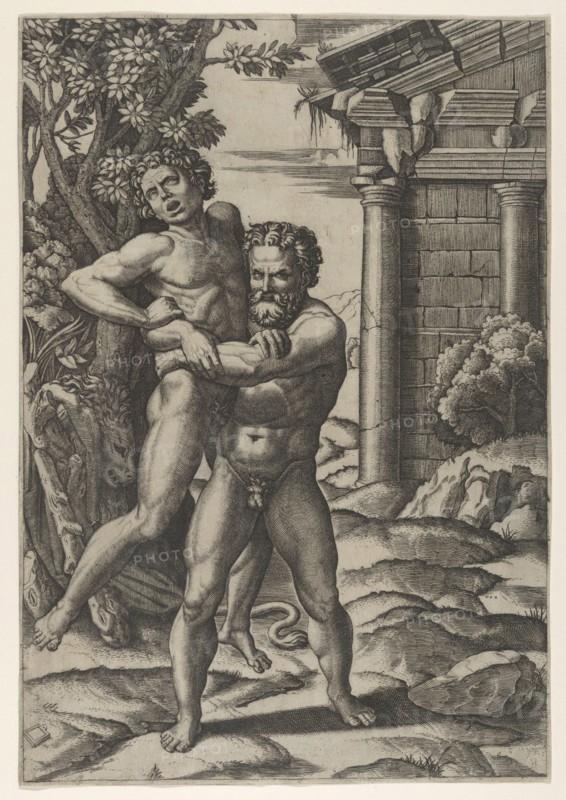Hercules holding Antaeus by the waist and lifting him off his feet, ca. 1520-22.. Creator: Marcantonio Raimondi.