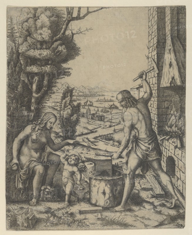 Venus at left holding a golden apple in her right hand and an arrow in her left, Vulca..., ca. 1505. Creator: Marcantonio Raimondi.