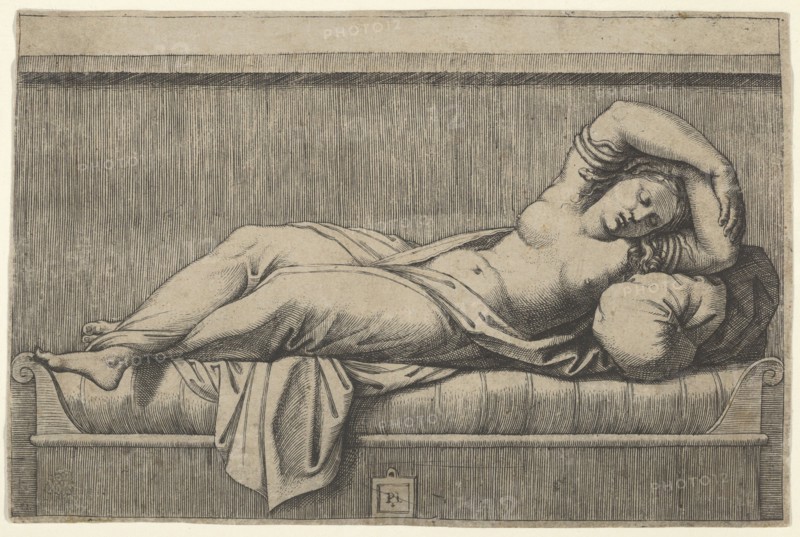Cleopatra lying partly naked on a bed, ca. 1515-27. Creator: Marcantonio Raimondi.