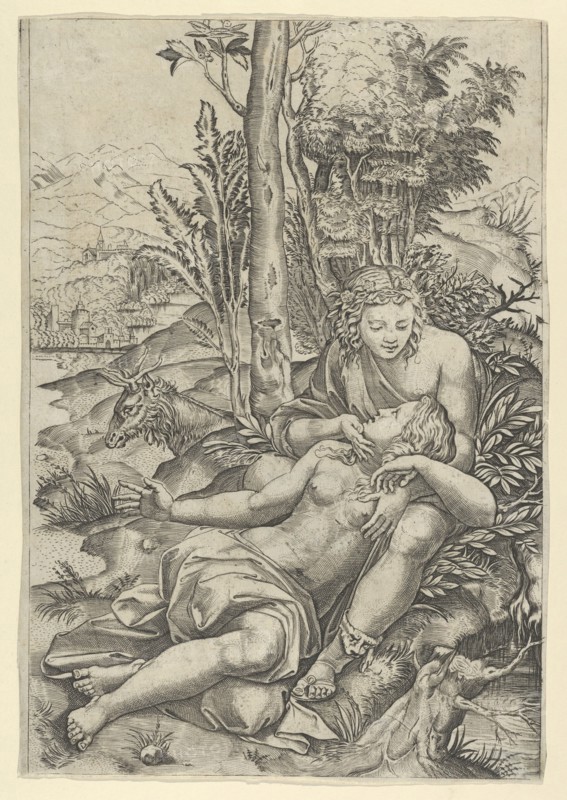 Medor and Angelica from Lodovico Ariosto's 'Orlando Furioso' or Venus and Adonis ..., ca. 1500-1534. Creator: Marcantonio Raimondi.