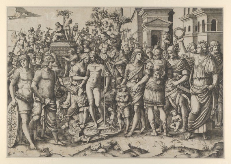 The triumph of a Roman Emperor; a young naked hero stands at center on a pile of armor..., ca. 1510. Creator: Marcantonio Raimondi.