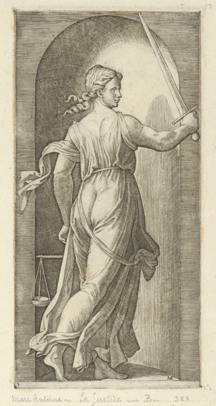 Justice personified by a young woman holding a sword in her raised right hand, scal..., ca. 1515-25. Creator: Marcantonio Raimondi.