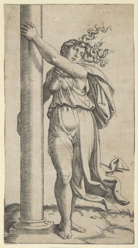 A young woman personifying Force or Strength holding a column, ca. 1517-27. Creator: Marcantonio Raimondi.
