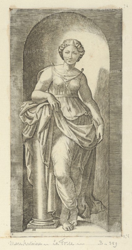 Fortitude or Strength personified by a woman standing in a nice resting her arm on ..., ca. 1515-25. Creator: Marcantonio Raimondi.