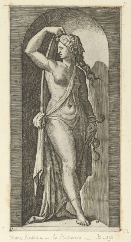 Prudence personified by a woman standing in a niche, holding a shawl in her right h..., ca. 1515-25. Creator: Marcantonio Raimondi.