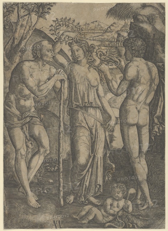 An allegorical scene; a young woman at centre holding a wreath above her head, at l..., ca. 1515-27. Creator: Marcantonio Raimondi.