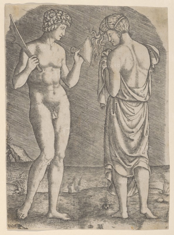 A naked man at left showing an axe to a woman at right, ca. 1510-27. Creator: Marcantonio Raimondi.