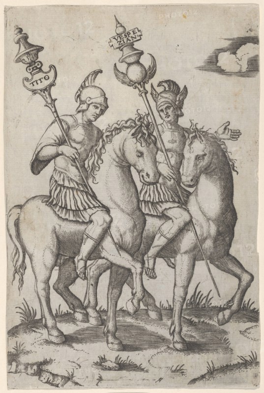Titus and Vespanian both on horseback, ca. 1510-27. Creator: Marcantonio Raimondi.