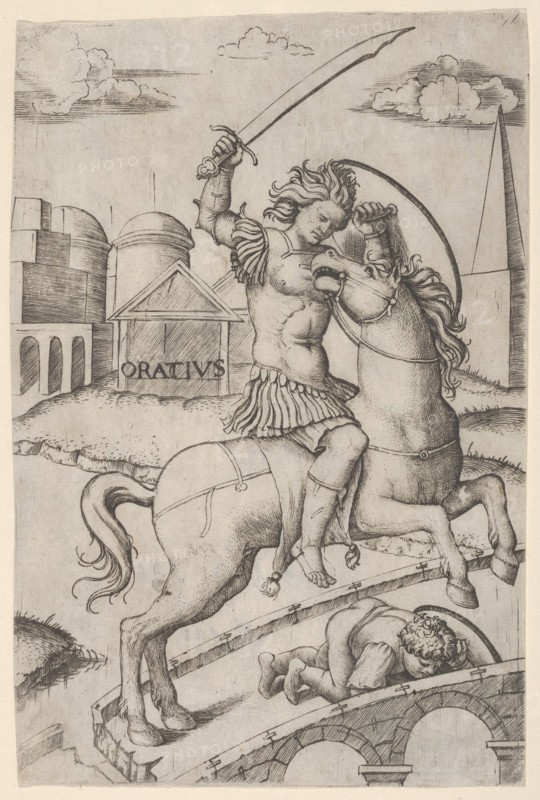 Horatius Cocles on horseback, trampling a fallen soldier, ca. 1510-27. Creator: Marcantonio Raimondi.