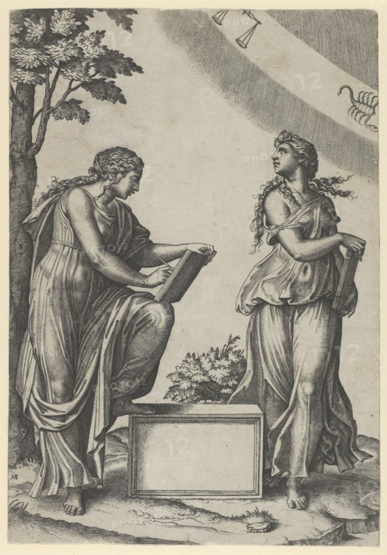 Two women of the zodiac standing beneath the signs of Libra and Scorpio, ca. 1517-20.. Creator: Marcantonio Raimondi.