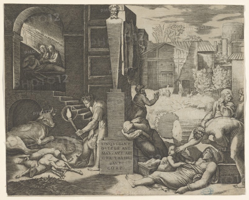 A plague scene at right, a man at left holding a torch illuminating part of the sce..., ca. 1515-16. Creator: Marcantonio Raimondi.