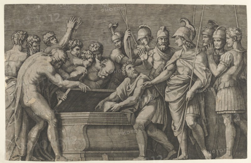 Alexander the Great commanding that the work of Homer be placed in the tomb of Ac..., ca. 1500-1534. Creator: Marcantonio Raimondi.