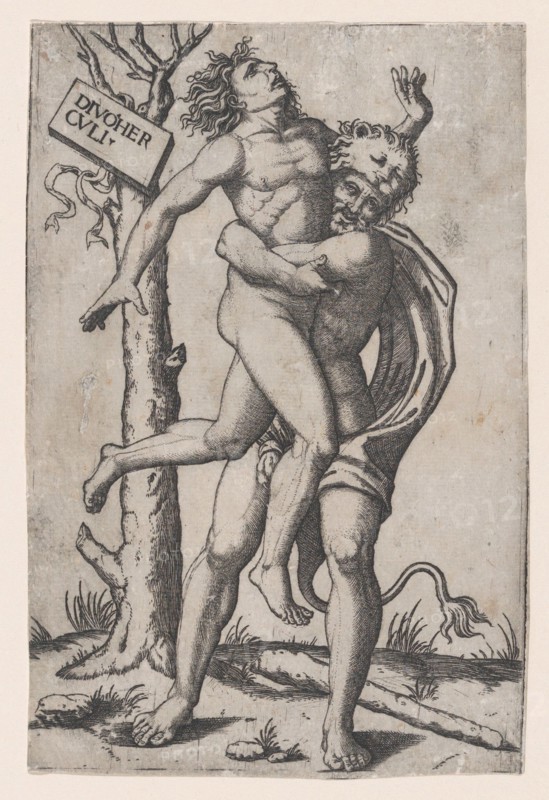 Hercules, grasping Antaeus at the waist with both arms and lifting him off his fe..., ca. 1500-1550. Creator: Marcantonio Raimondi.