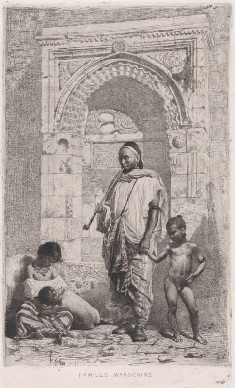 A Moroccan family in front of an arch, father standing, mother lower left on the ground ho..., 1862. Creator: Mariano Jose Maria Bernardo Fortuny y Carbo.