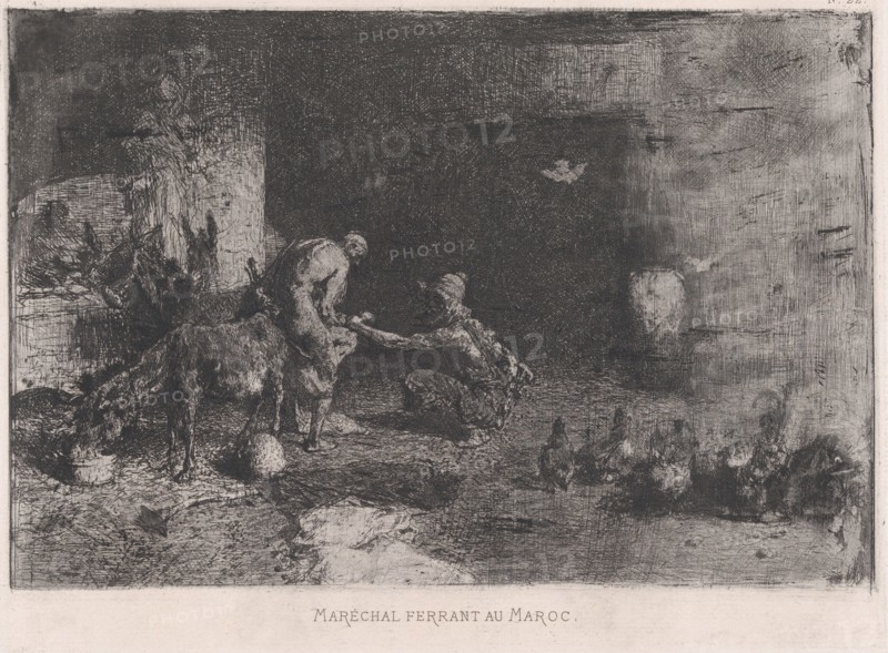 A Morrocan farrier at left accompanied by another figure attending to the hoof of a..., ca. 1860-70. Creator: Mariano Jose Maria Bernardo Fortuny y Carbo.