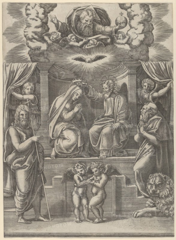 The coronation of the Virgin, God the Father above, St Jerome lower right and St John t..., 1530-60. Creator: Master of the Die.