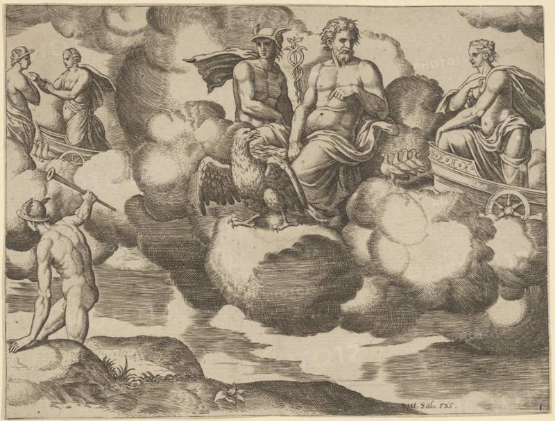Venus in her dove-drawn chariot complaining to Jupiter who is accompanied by Mercury, f..., 1530-60. Creator: Master of the Die.