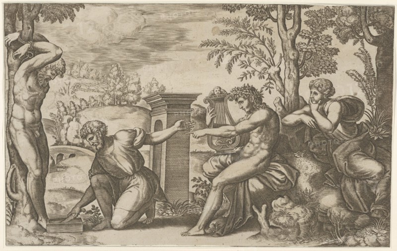 Apollo seated at the right with a lyre, pointing to a kneeling man who is about to flay..., 1530-60. Creator: Master of the Die.