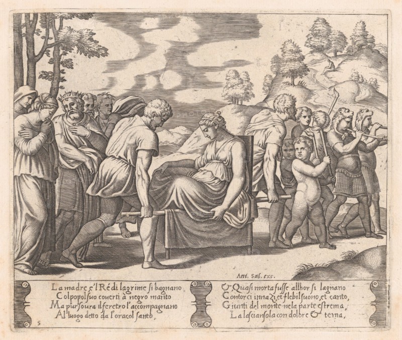 Plate 5: Psyche, seated, being taken to a mountain with a musical troupe lead the way, ..., 1530-60. Creator: Master of the Die.